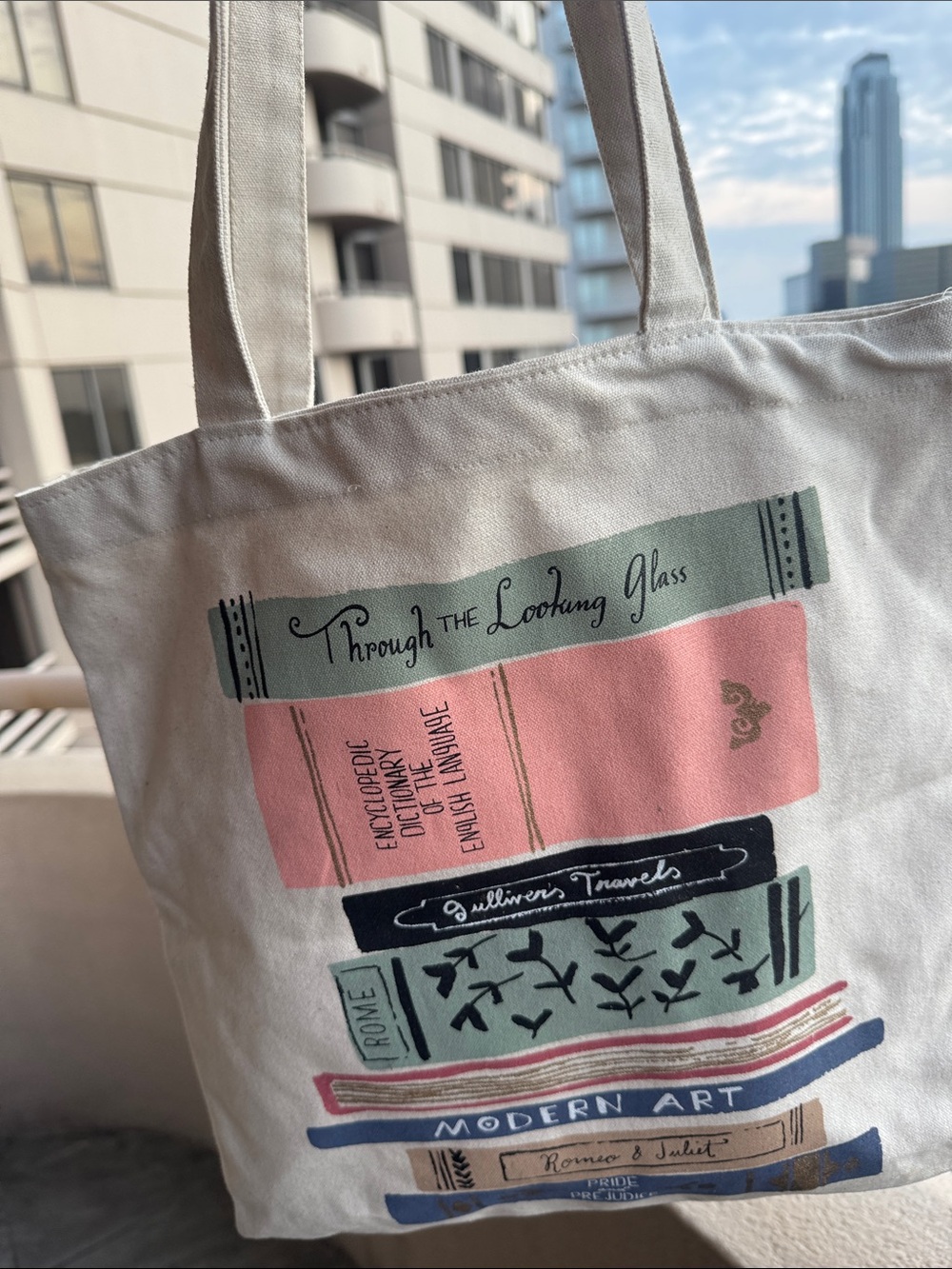 Canvas Book-Print Tote Bag in Cream - Picture 5 of 11